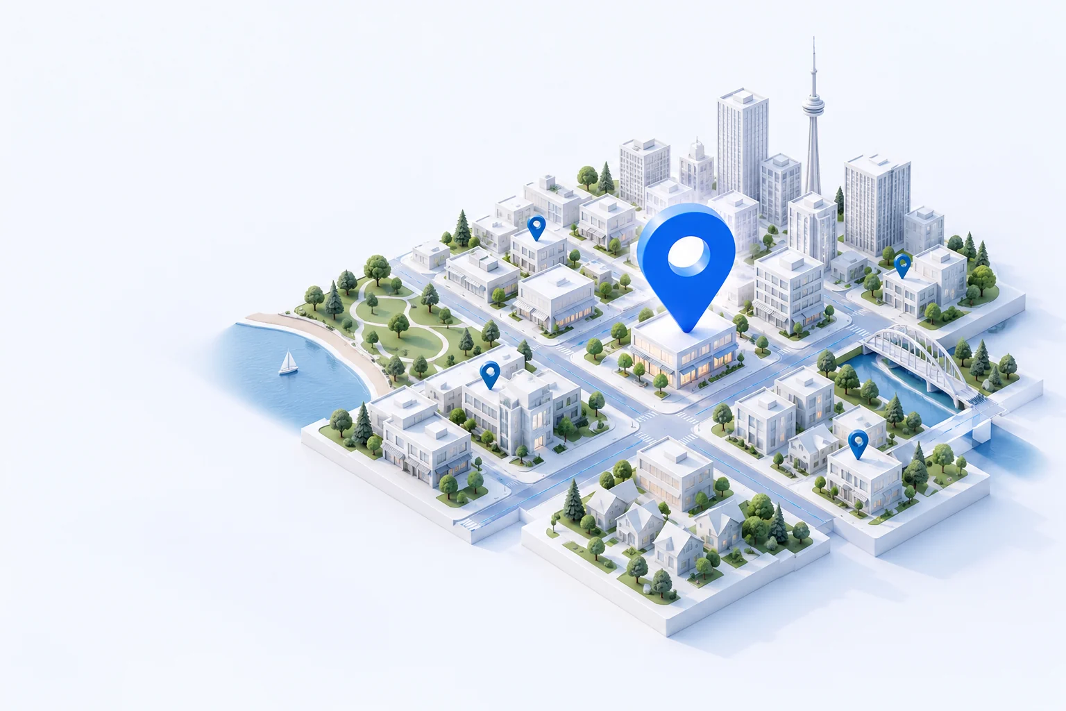 A blue business location pin above a neighbourhood map
